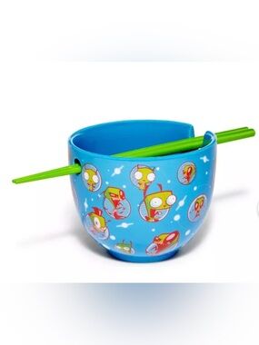 Invader Zim Bright Blue Ramen Bowl with Green Chopsticks- New
